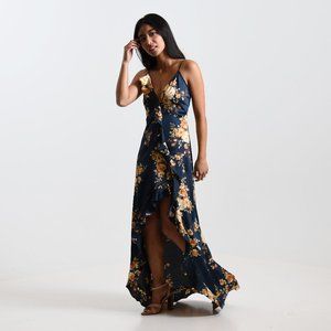 Navy Floral Ruffle Dress with Slit
